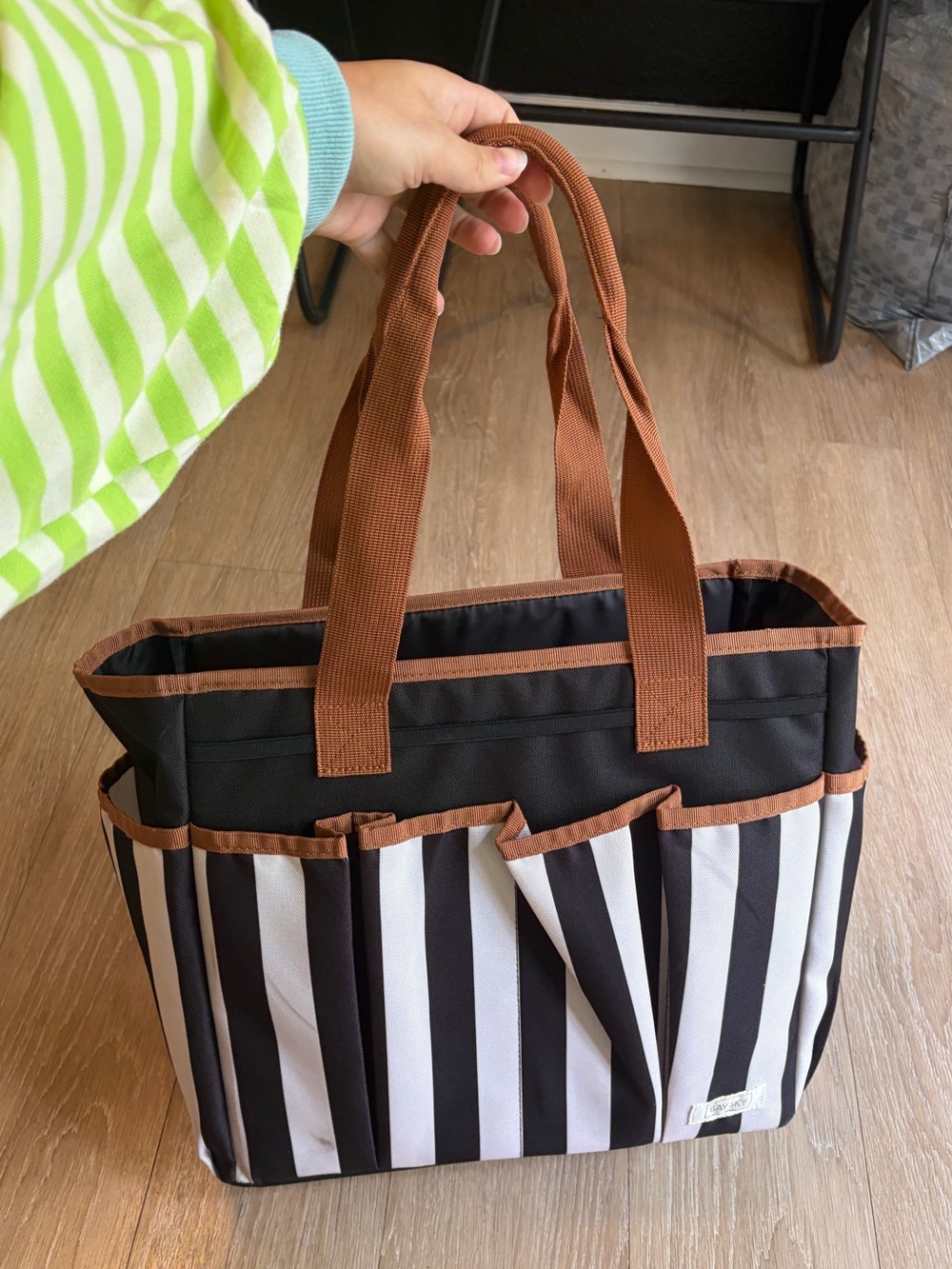 Bay Sky Black & White Striped Structured Utility Tote Bag w/ Brown Trim